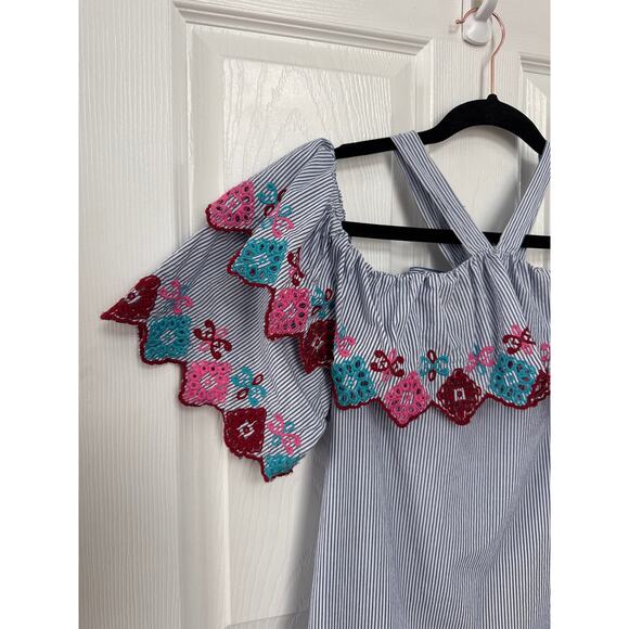 Loft ruffled embroidery off shoulder blue white stiped fiesta halter dress small - Picture 5 of 12